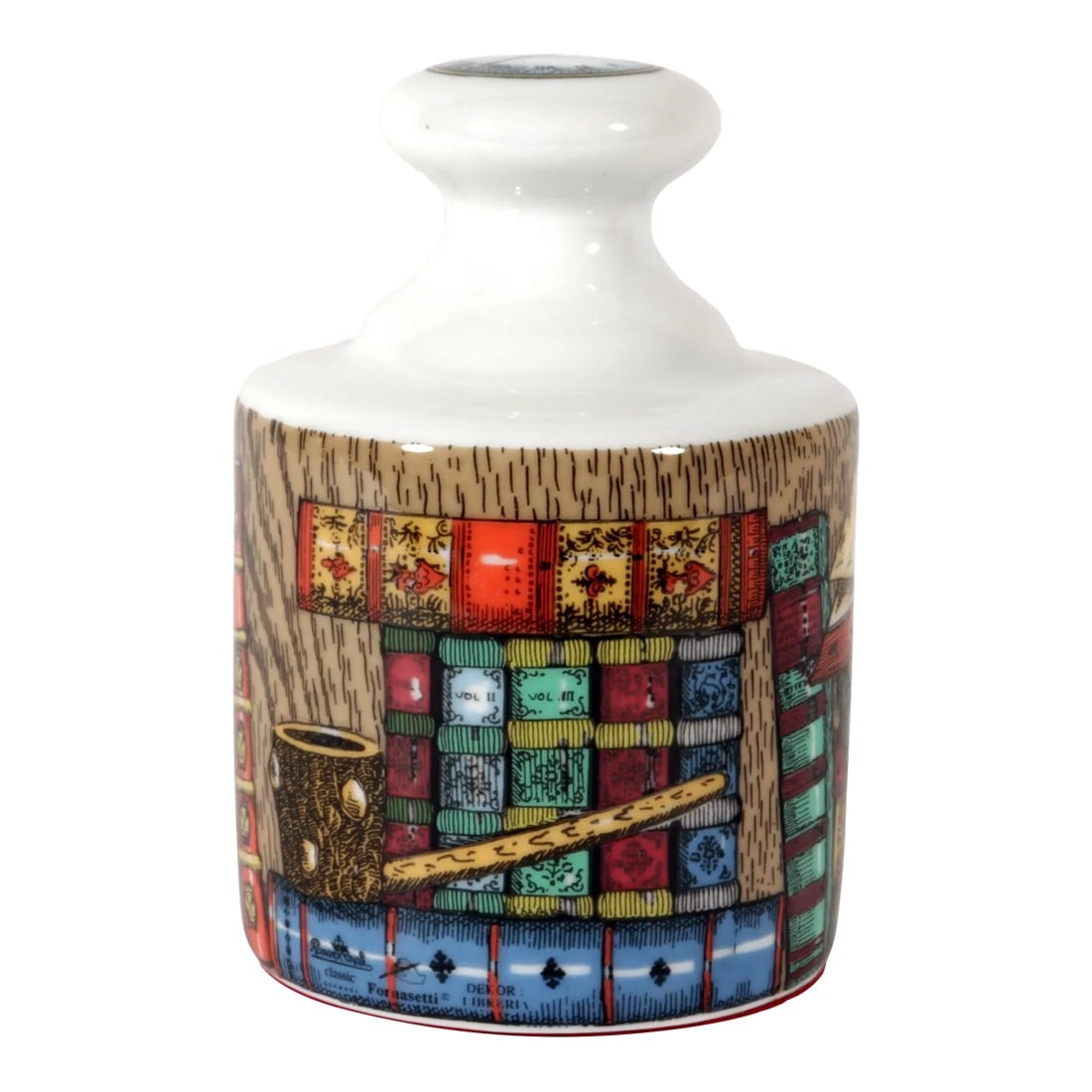 Rosenthal Fornasetti Porcelain Paperweight, Rosenthal Classic, Libreria Pattern, (Library): A Library in the Hand: Fornasetti's Libreria Paperweight This striking Rosenthal Fornasetti Porcelain Paperweight is an iconic piece of 20th-century decorative art. Produced by Rosenthal Classic in th