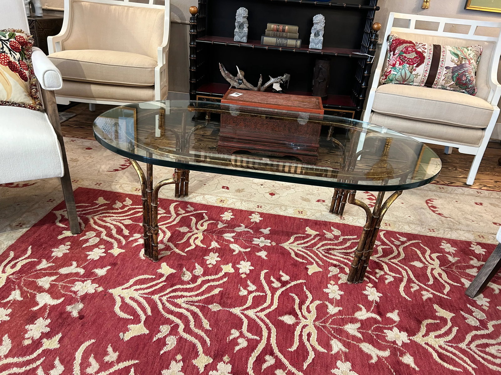 Elegant Oval Gilded Iron and Thick Glass Coffee Table - 5
