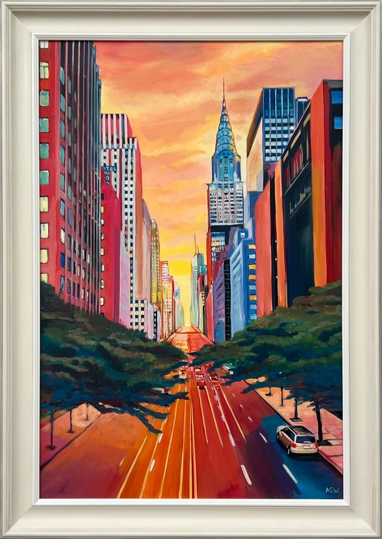 Painting of the Chrysler Building 42nd Street New York City Using Golden Yellow & Orange: Painting of the Chrysler Building 42nd Street New York City by Contemporary British Artist, Angela Wakefield. Painted using warm golden oranges, reds and yellows - capturing the dramatic Manhattan