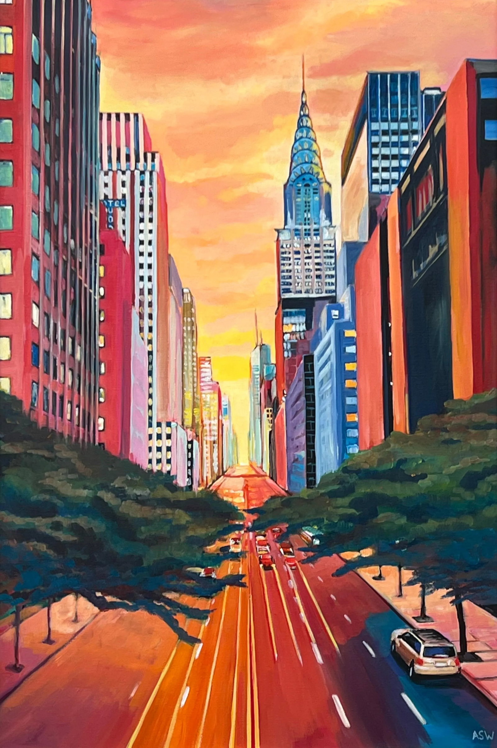 Painting of the Chrysler Building 42nd Street New York City Using Golden Yellow & Orange - 4