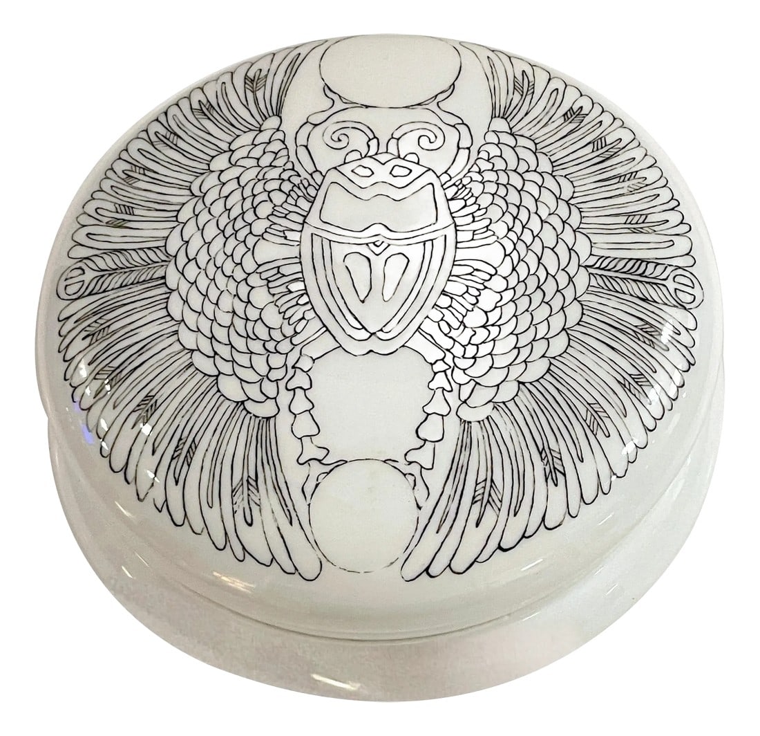 T & V Limoges Black & White Egyptomania Scarab Motif Box: T & V Limoges (Tressemann & Vogt) Black & White Egyptomania Scarab Motif Box France, Circa 1925 A captivating piece of T & V Limoges exotic elegance"”this hand painted Black & White Egyptomania