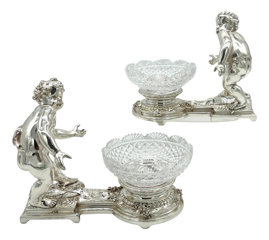 19th C. Christofle Silvered Bronze Putti & Crystal Centerpieces - a Pair: Pair 19th C. Christofle Silvered Bronze Putti and Crystal Centerpieces France, circa 1875 Highlighting the extraordinary skill of Christofle's makers, this exquisite pair of 19th-century Christofle si