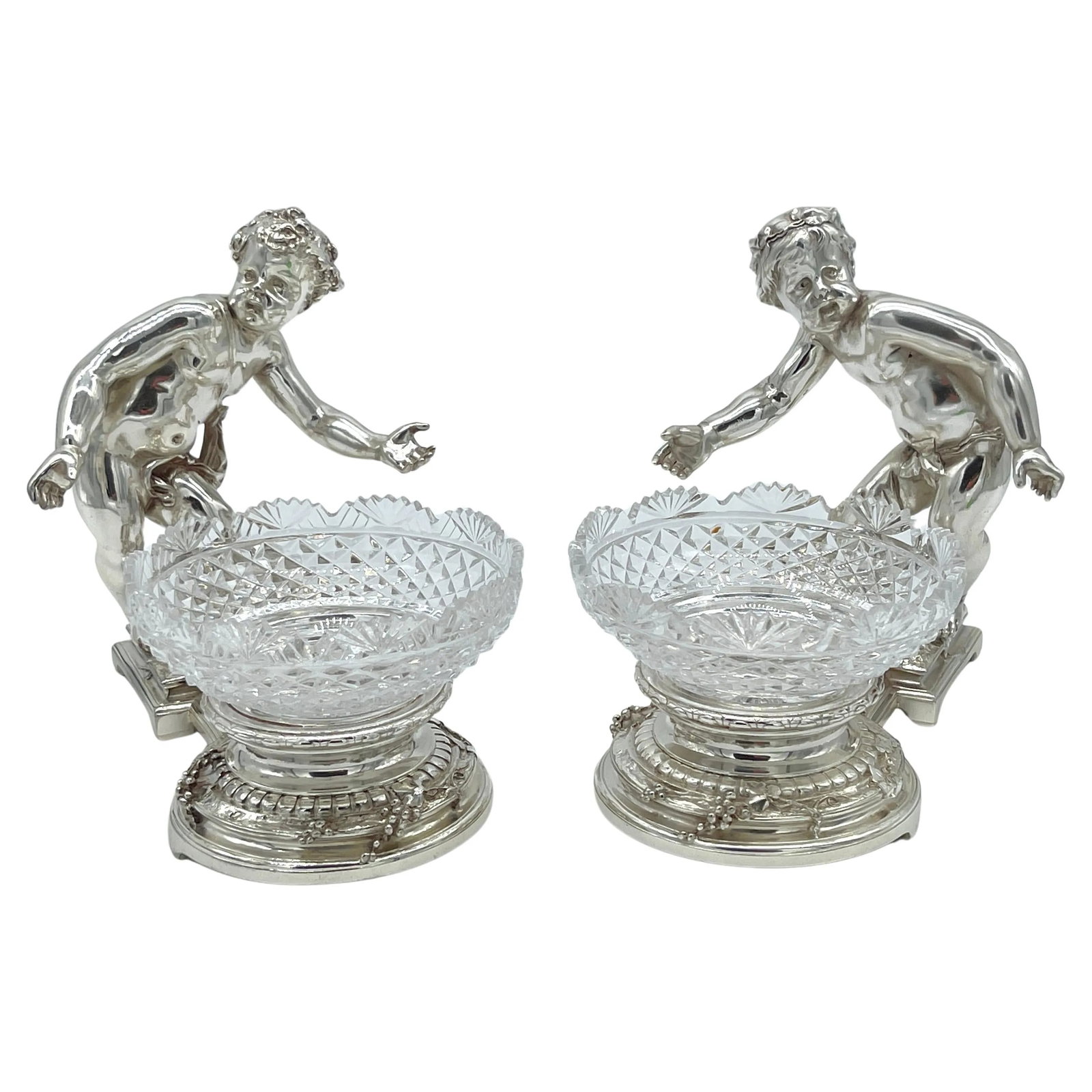 19th C. Christofle Silvered Bronze Putti & Crystal Centerpieces - a Pair - 5
