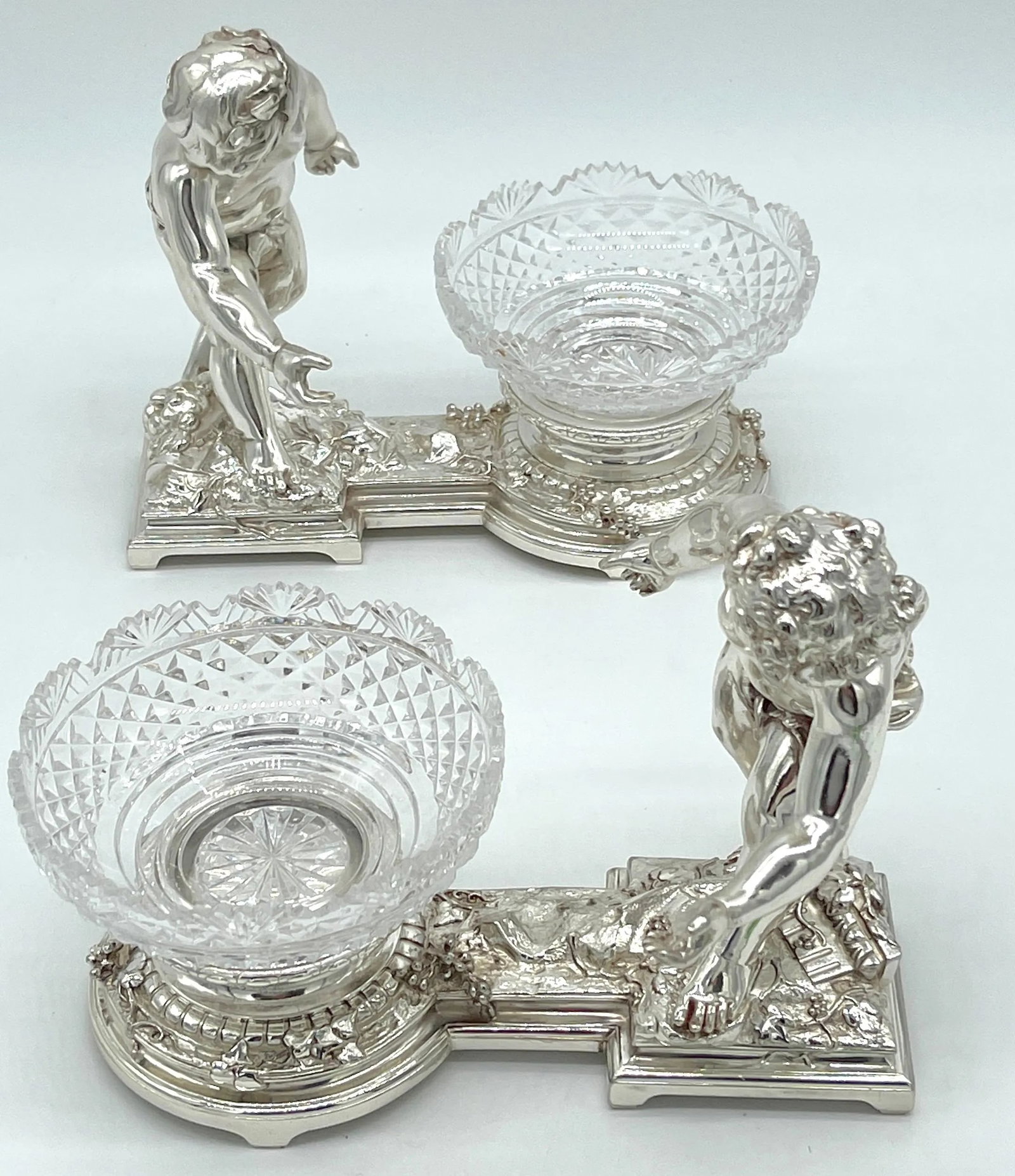 19th C. Christofle Silvered Bronze Putti & Crystal Centerpieces - a Pair - 6
