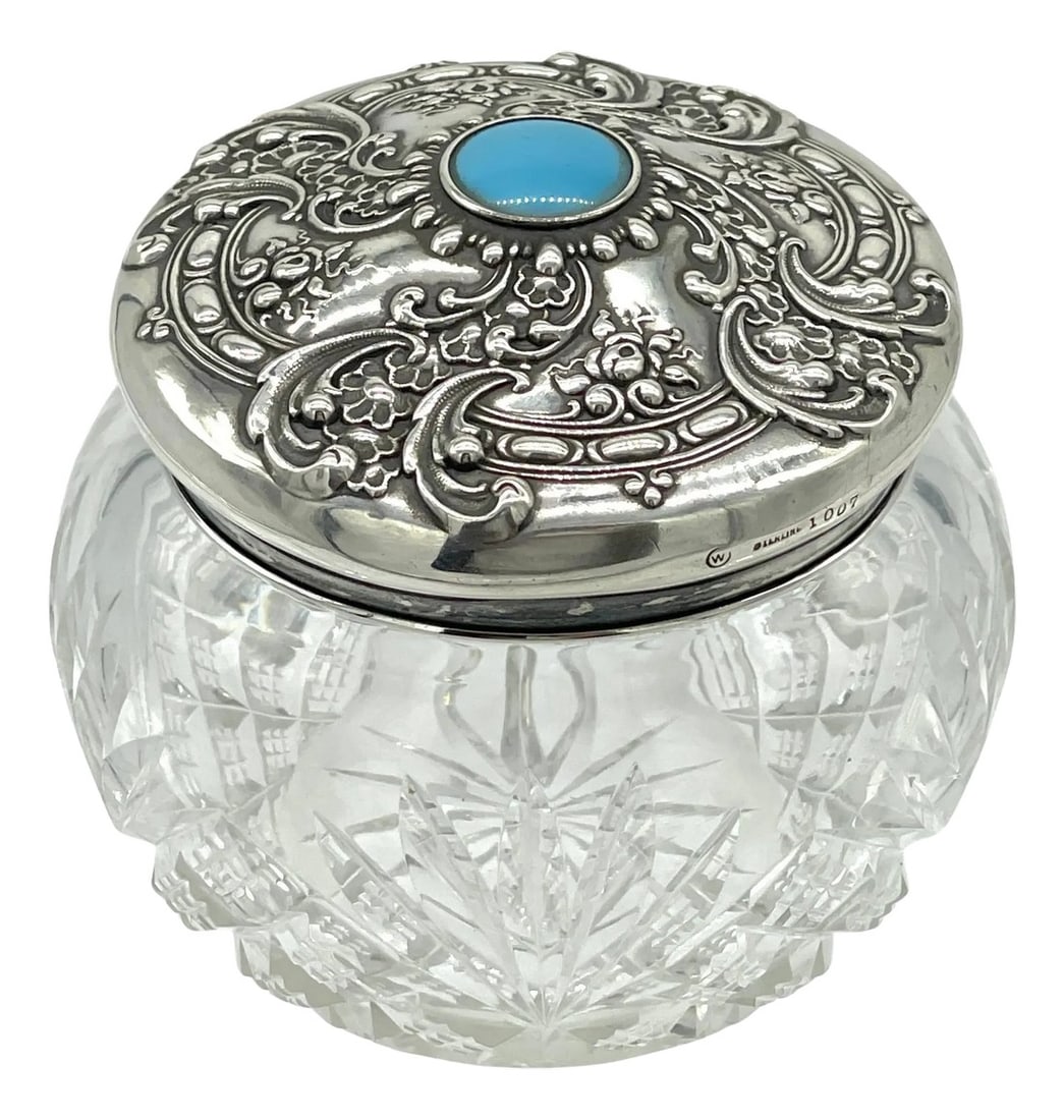 American Brilliant Cut Glass, Sterling & Turquoise Dresser Jar, by Whiting (1 of 9)