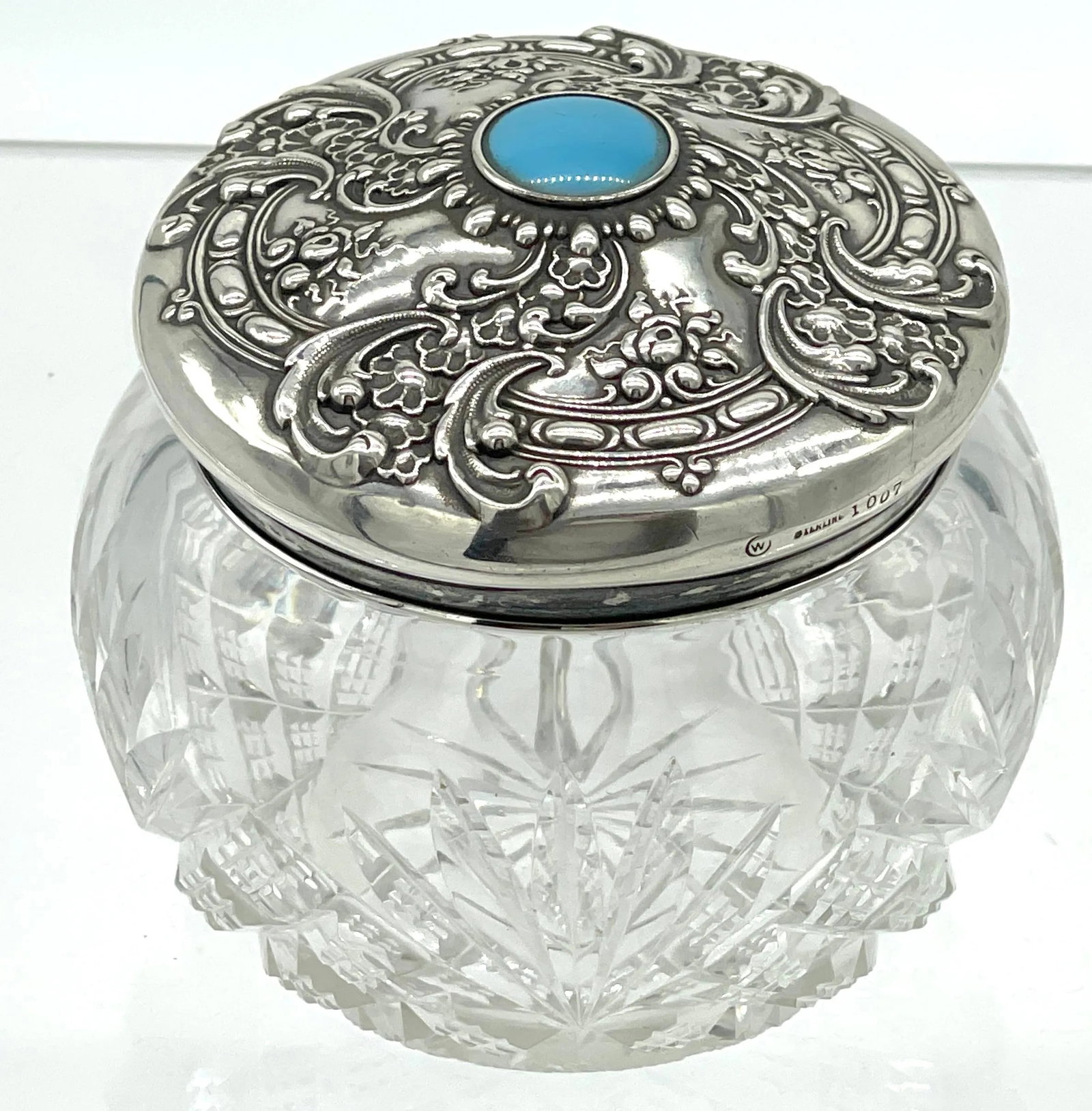 American Brilliant Cut Glass, Sterling & Turquoise Dresser Jar, by Whiting - 2