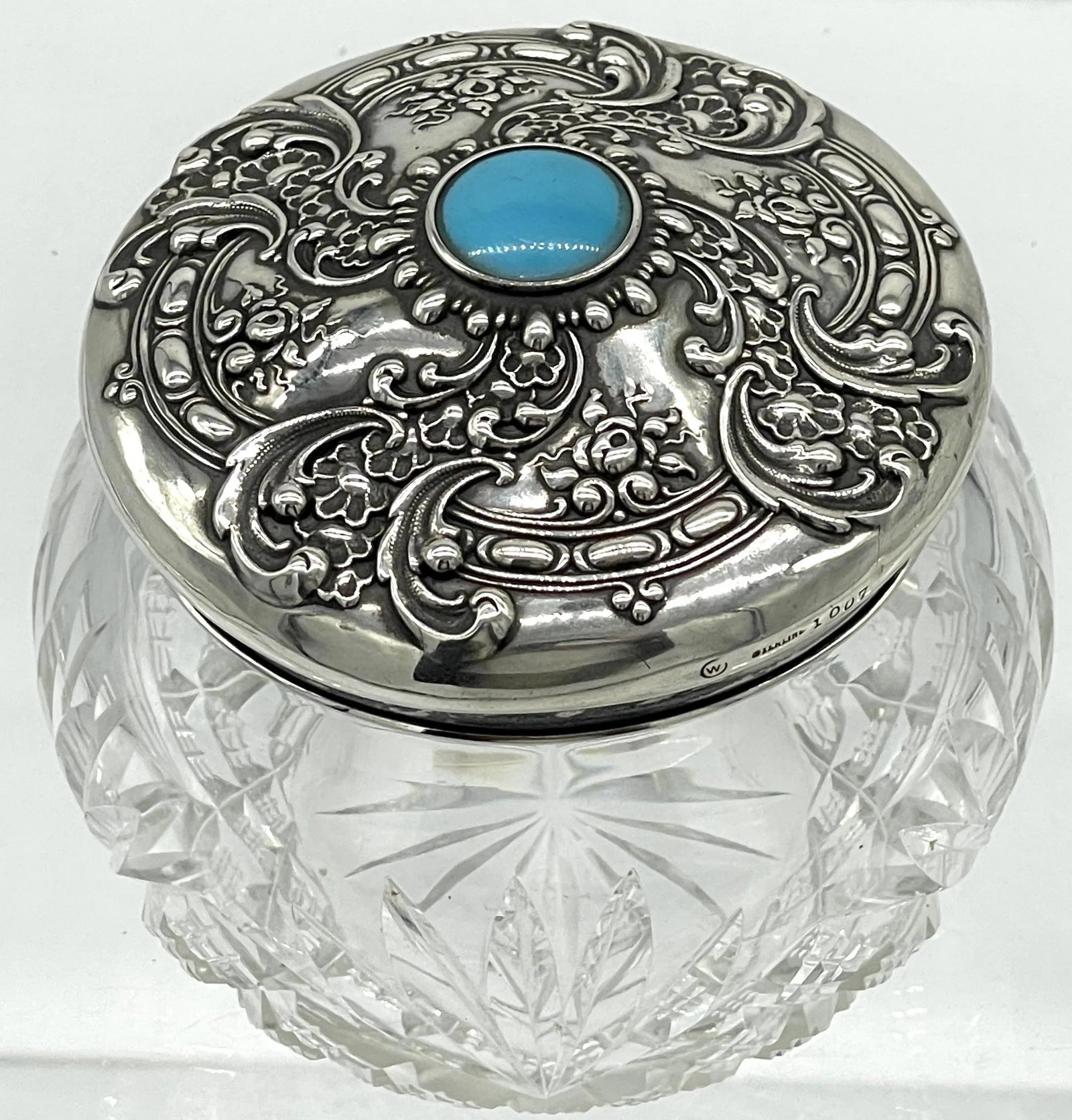 American Brilliant Cut Glass, Sterling & Turquoise Dresser Jar, by Whiting - 3