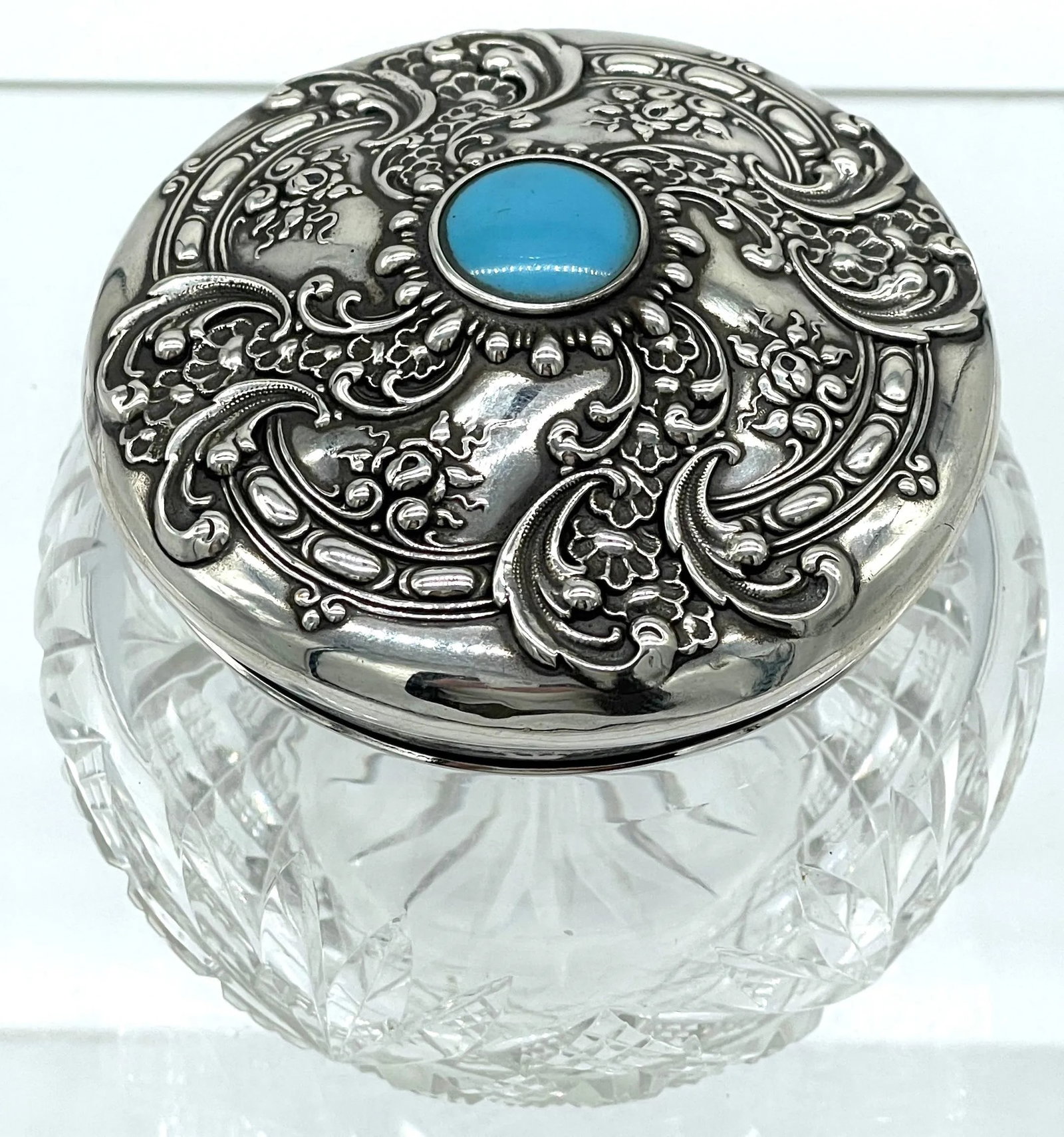 American Brilliant Cut Glass, Sterling & Turquoise Dresser Jar, by Whiting - 6