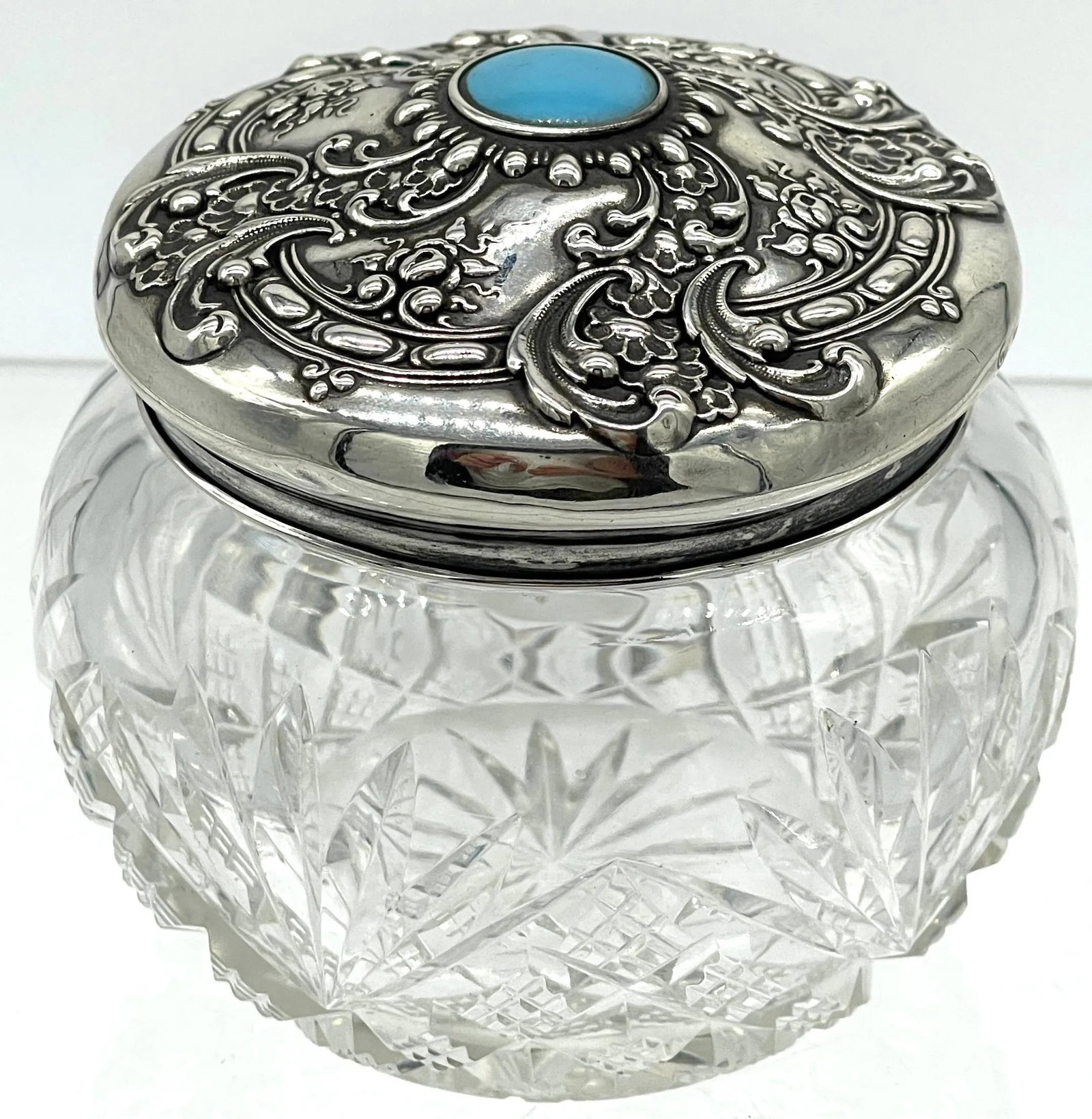 American Brilliant Cut Glass, Sterling & Turquoise Dresser Jar, by Whiting - 7