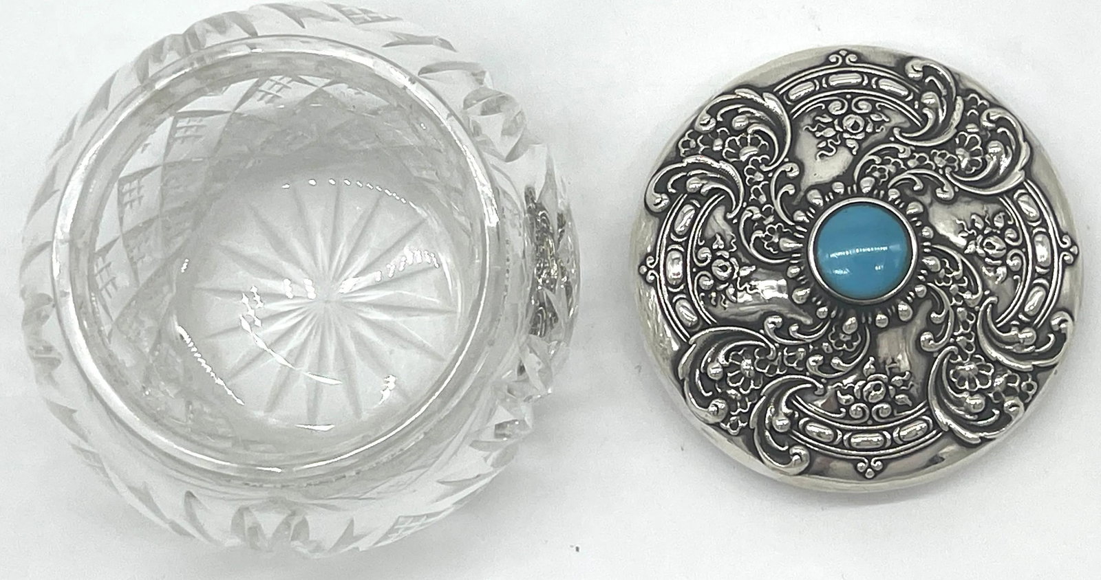 American Brilliant Cut Glass, Sterling & Turquoise Dresser Jar, by Whiting - 8