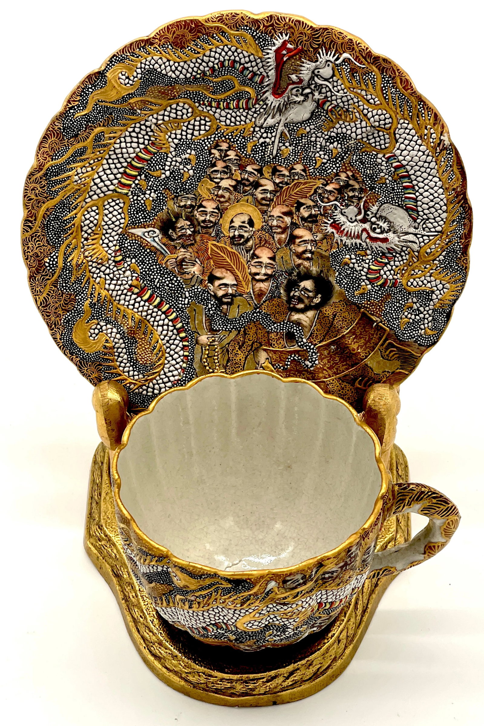 Extraordinary Meiji Satsuma Cup & Saucer, Raised Gilt Enamel Signature, Kozan Zo - a Pair - 2