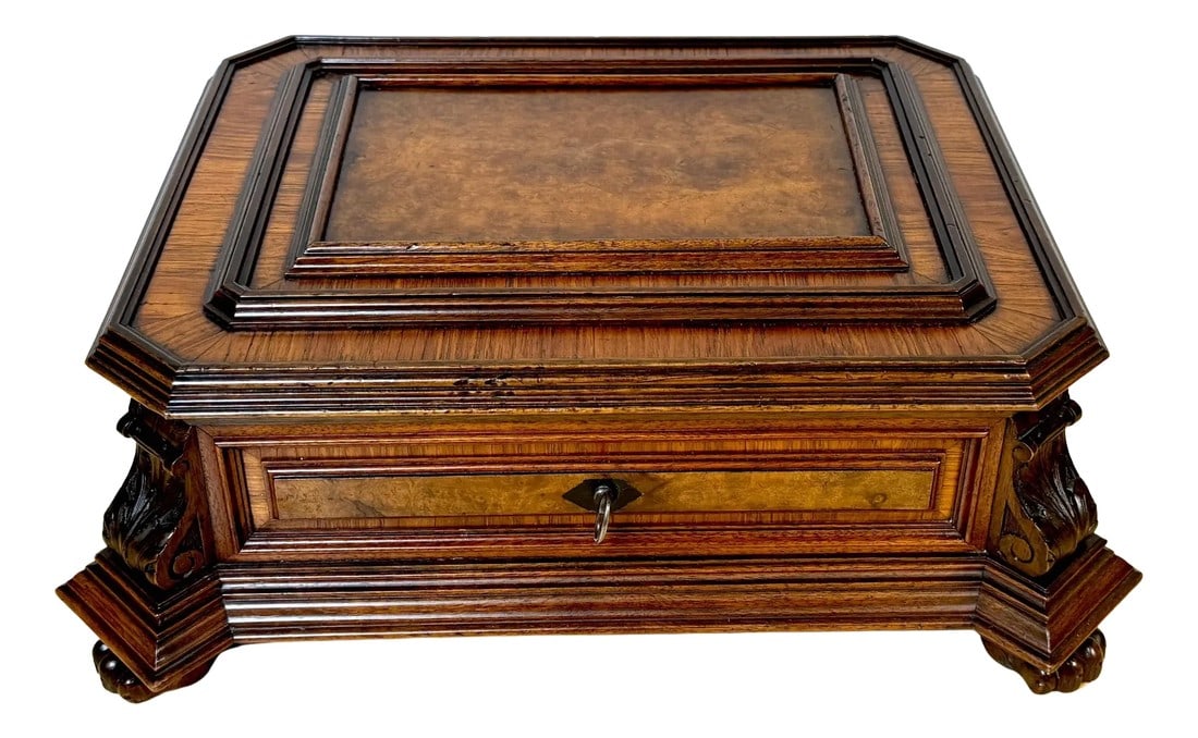 Napoleon III Exotic Burlwood Jewelry/ Table Box, France, Circa 1870s: Napoleon III Exotic Burlwood Jewelry/Table Box France, circa 1870s A stunning Napoleon III exotic burlwood jewelry/table box from France, circa 1870s. This exquisite 19th-century work embodies the sub