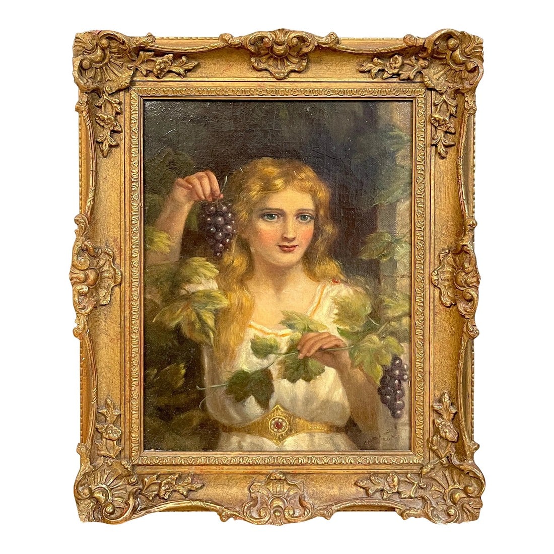 19th Century Portrait of a Goddess of Wine, Signed: 19th Century Portrait of a Goddess of Wine, Signed Signed lower right: 'C.M.D. Sengih (?) Roma' A captivating 19th-century oil painting depicting a goddess of wine, signed lower right 'C.M.D. Sengih (