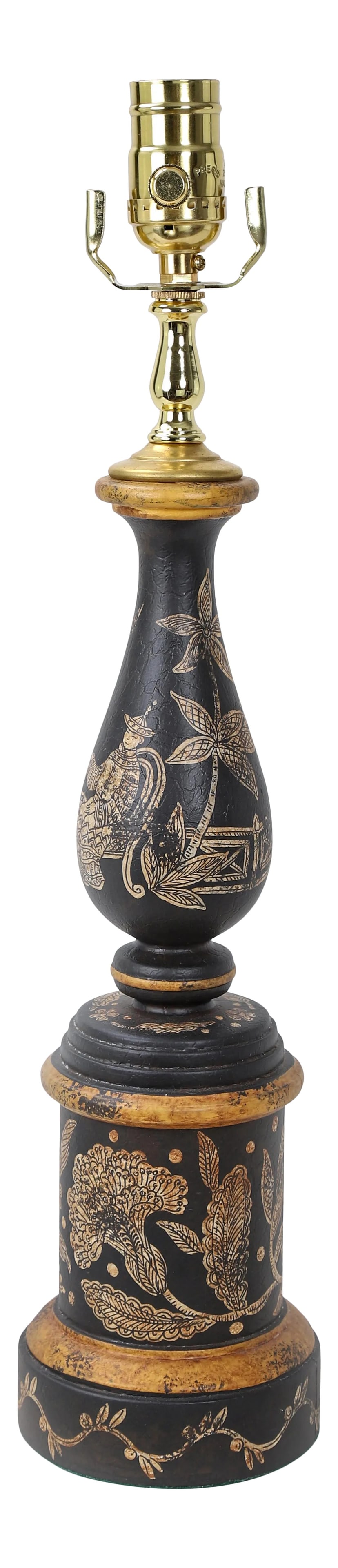 Vintage Black and Gold Chinoiserie Hand Painted Lamp: This vintage lamp is painted black with variations of gold color accents for borders and depictions of peacock feathered foliage and a leisurely noble which is Chinoiserie White pen work. Condition: A