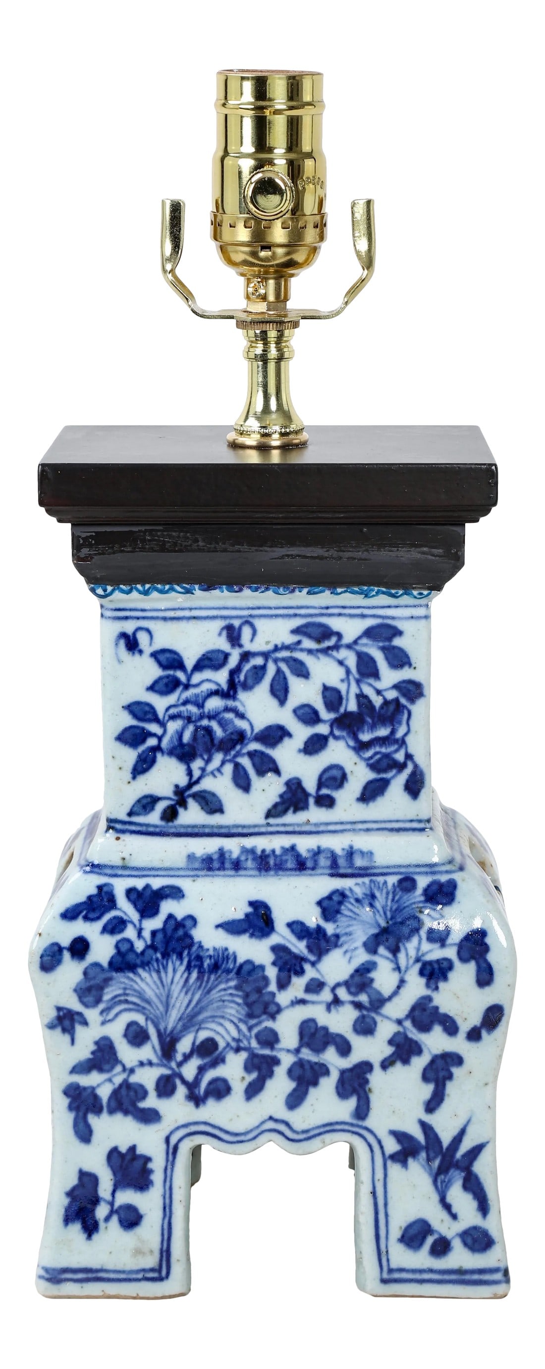 Vintage Blue and White Porcelain Bell Bottom Incense Burner Lamp: Vintage blue and white porcelain lamp with a bell shaped bottom half and decorated with arabesque foliage in cobalt blue. Condition: Alterations: Original Condition Unaltered Imperfections: Some