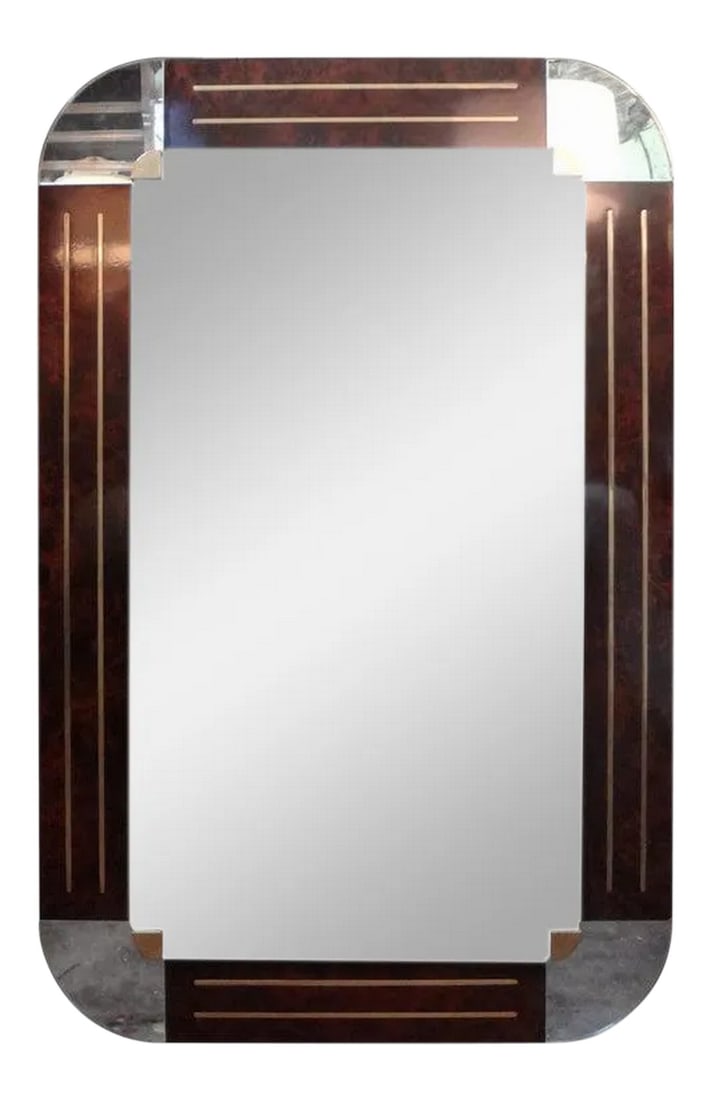 1980s Italian Gio Ponti Style Art Deco Style Burled Wood and Bronze Mirror (1 of 13)