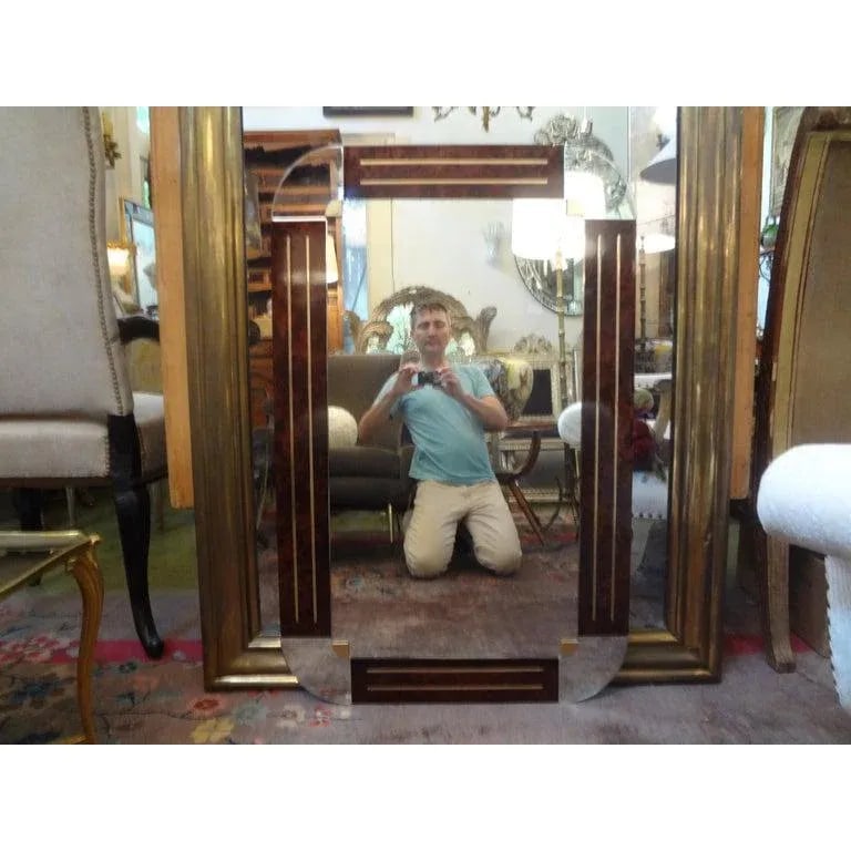 1980s Italian Gio Ponti Style Art Deco Style Burled Wood and Bronze Mirror - 2