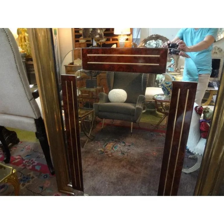 1980s Italian Gio Ponti Style Art Deco Style Burled Wood and Bronze Mirror - 3