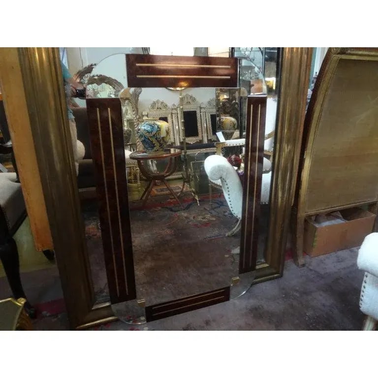 1980s Italian Gio Ponti Style Art Deco Style Burled Wood and Bronze Mirror - 4