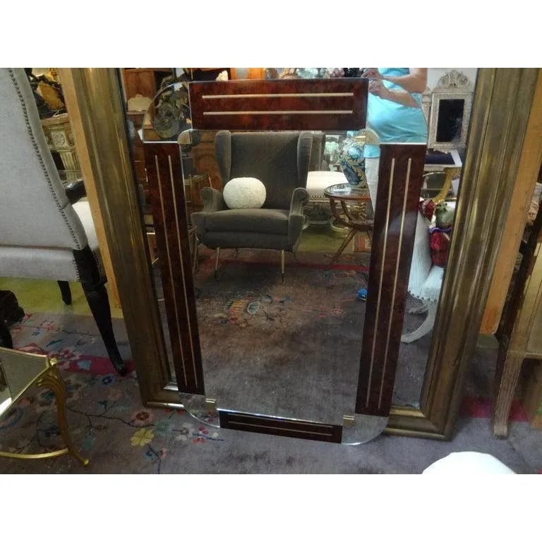 1980s Italian Gio Ponti Style Art Deco Style Burled Wood and Bronze Mirror - 6