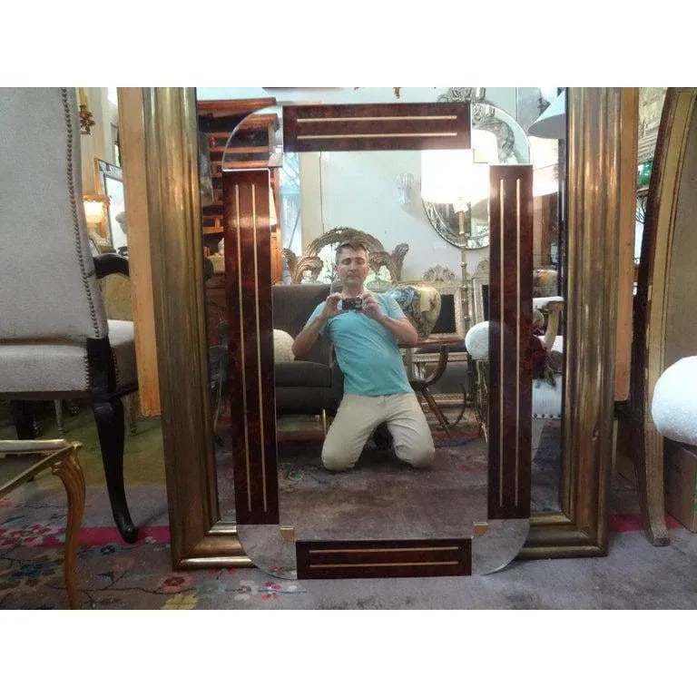 1980s Italian Gio Ponti Style Art Deco Style Burled Wood and Bronze Mirror - 7