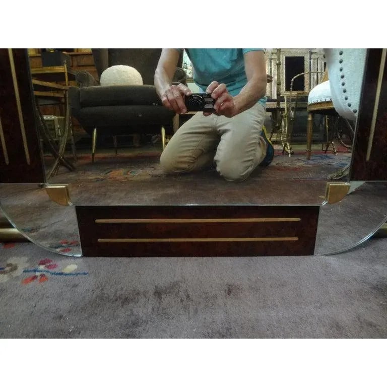 1980s Italian Gio Ponti Style Art Deco Style Burled Wood and Bronze Mirror - 8