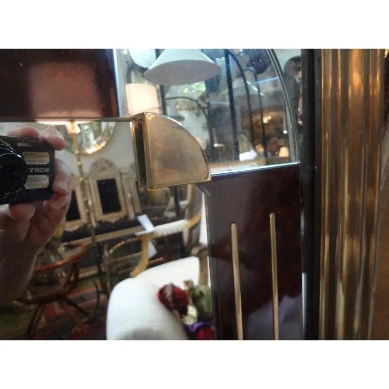 1980s Italian Gio Ponti Style Art Deco Style Burled Wood and Bronze Mirror - 9
