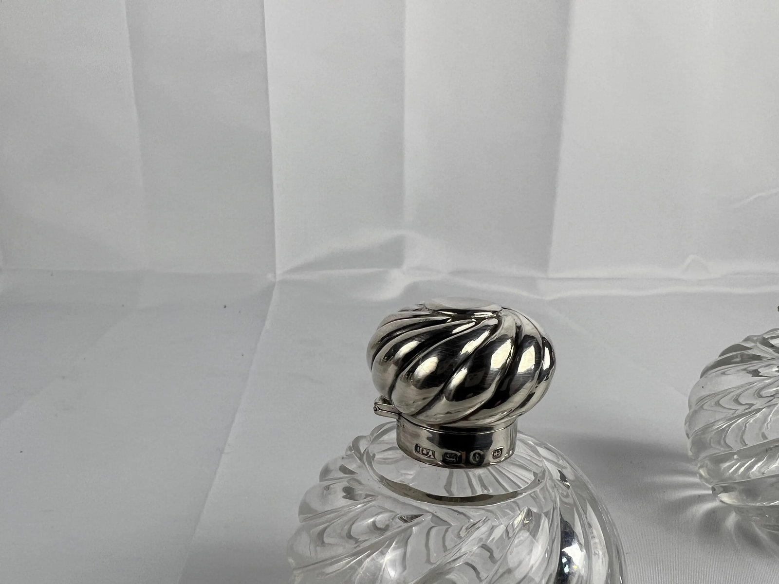 Pair, Horton & Allday Sterling Silver & Swirled Glass Perfume Bottles C. 1893 - 2