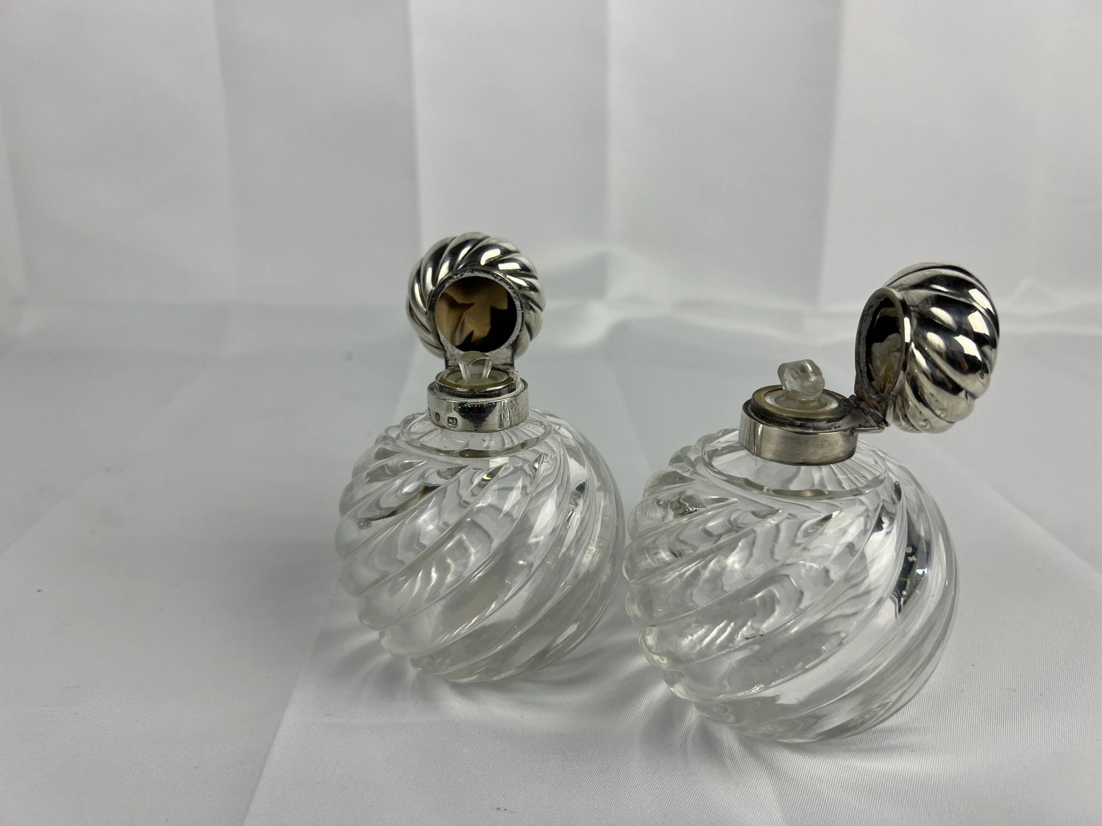 Pair, Horton & Allday Sterling Silver & Swirled Glass Perfume Bottles C. 1893 - 5