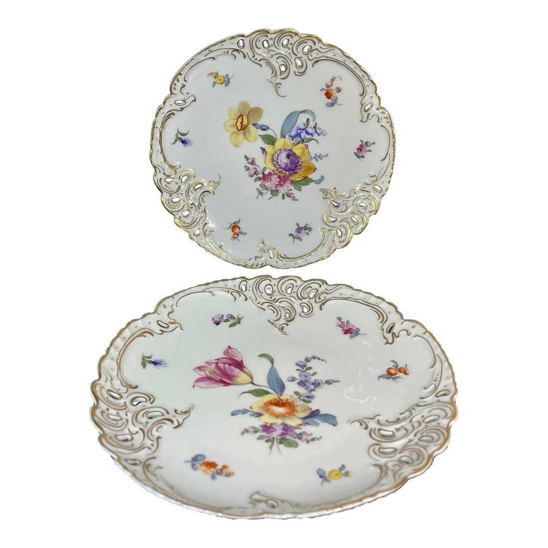 Antique Nymphenburg Porcelain Salad Plates- Set of 2: Fine and delicate porcelain with pierced and scalloped rim, hand painted floral center, and gold trim. Measures approx 8.25"L. Condition: Alterations: Original Condition Unaltered Imperfections: Some