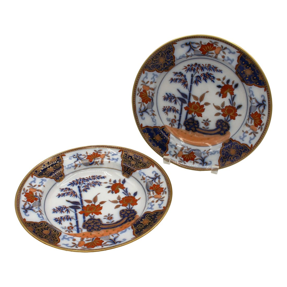 Circa 1810-1820 Pair of Stone China Soup Plates by Davenport: Circa 1810-20 Pair of Soup Plates, Stone China by Davenport. Marked Davenport, Longport, Staffordshire Stone China. A rich Imari design & palette (pattern #135). Auspicious symbols feature prominently