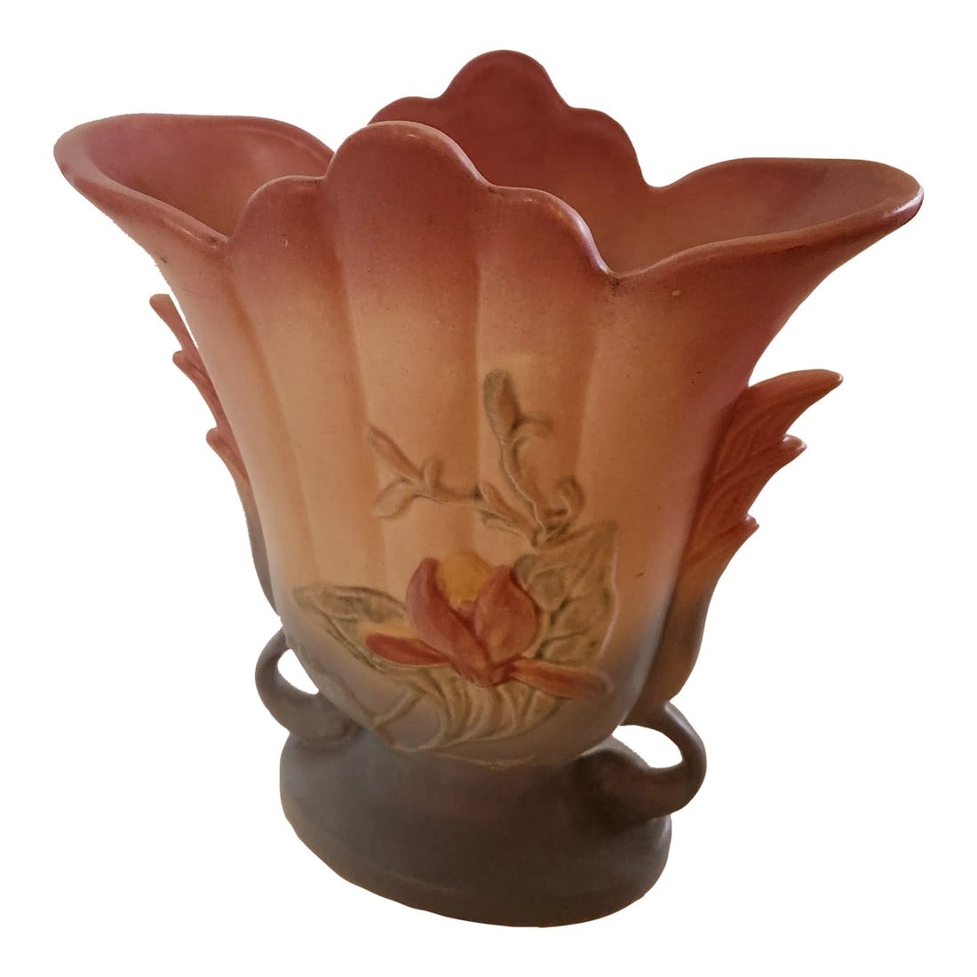 1950s Hull Pottery Pink Vase Art Deco Double Handle: AMBIANIC presents Vintage Hull Art Pottery Pink Blue Double Handle Art Deco Vase Stamped by maker USA 7.5w x 8.75 t x 3 d Preowned unrestored vintage condition, some wear is present Refer to images