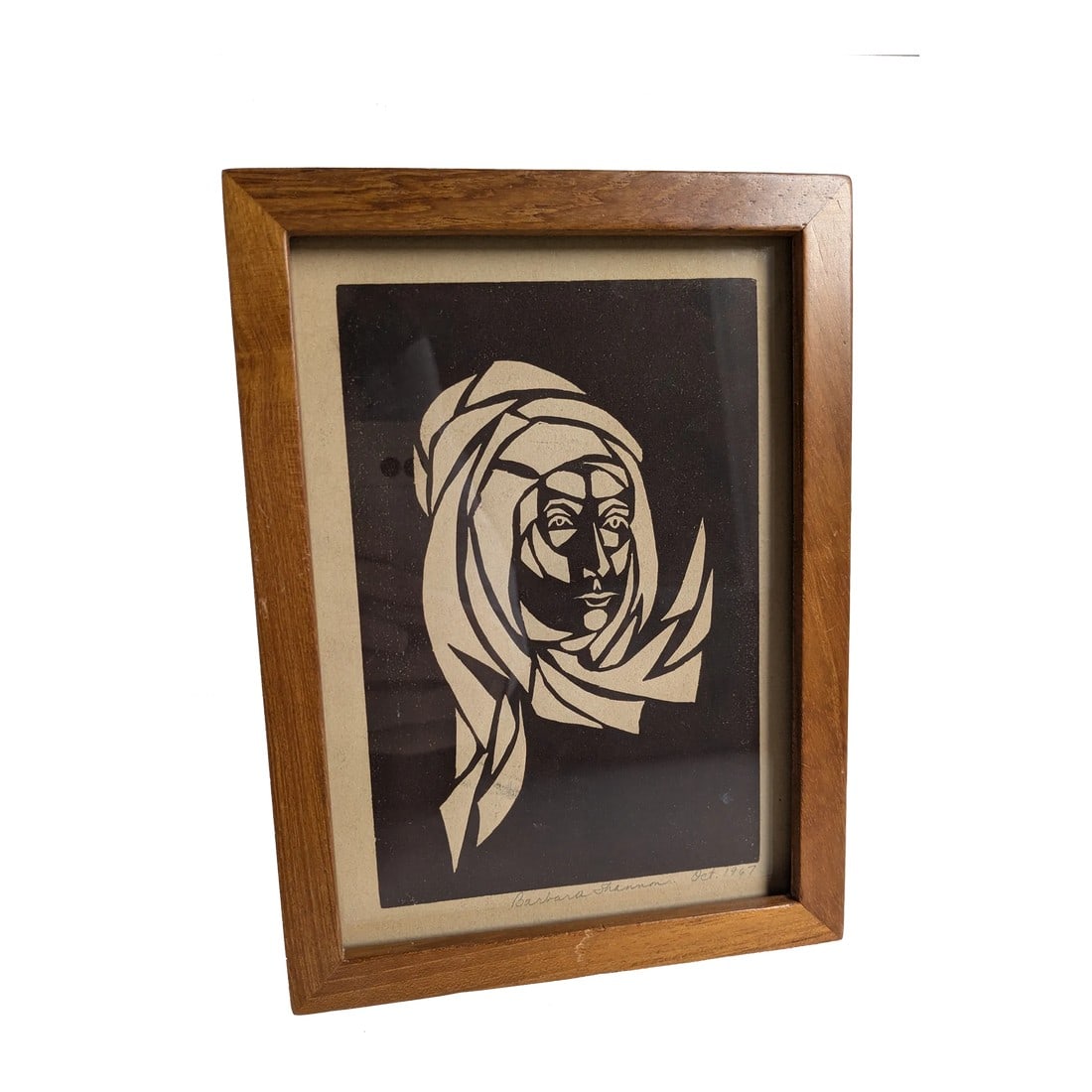 Artist Signed 1967 Woodblock Portrait of a Woman: Signed 1967 Woodblock Print – Stylized Mid-Century Portrait of a Woman This striking 1967 woodblock print features a bold, stylized portrait of a woman, capturing the essence of mid-century