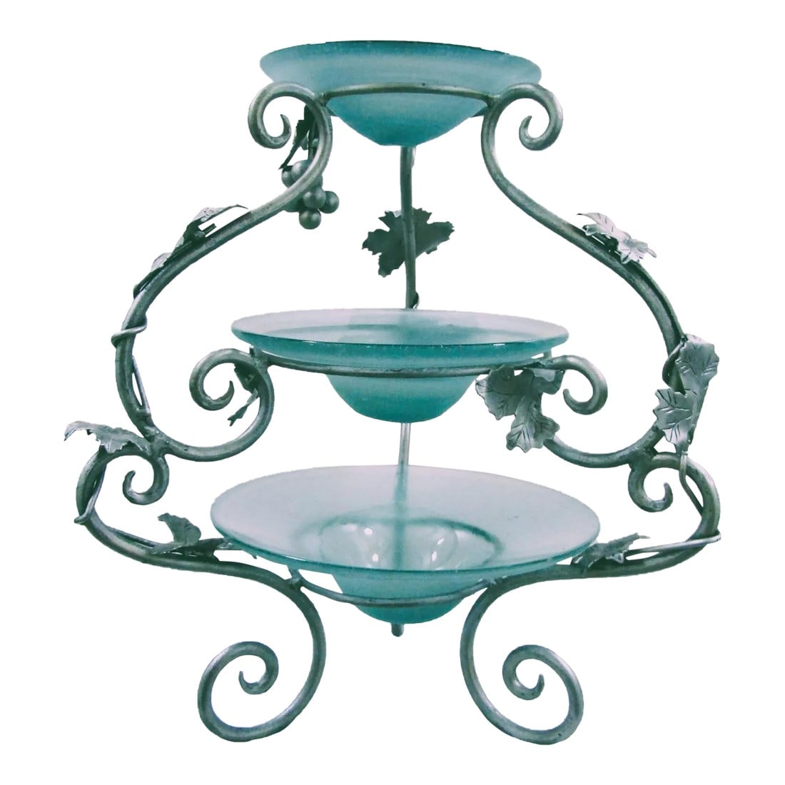 1990s Murano Style Art Collection Bordeaux Blue Glass 3 Tier Server Grapes and Grapevine: Murano style Art Collection Bordeaux Blue Glass 3 Tier Server Grapes and Grapevine Three hand crafted Murano style blue specked art glass bowls on a gray hand crafted iron grapevine design stand.