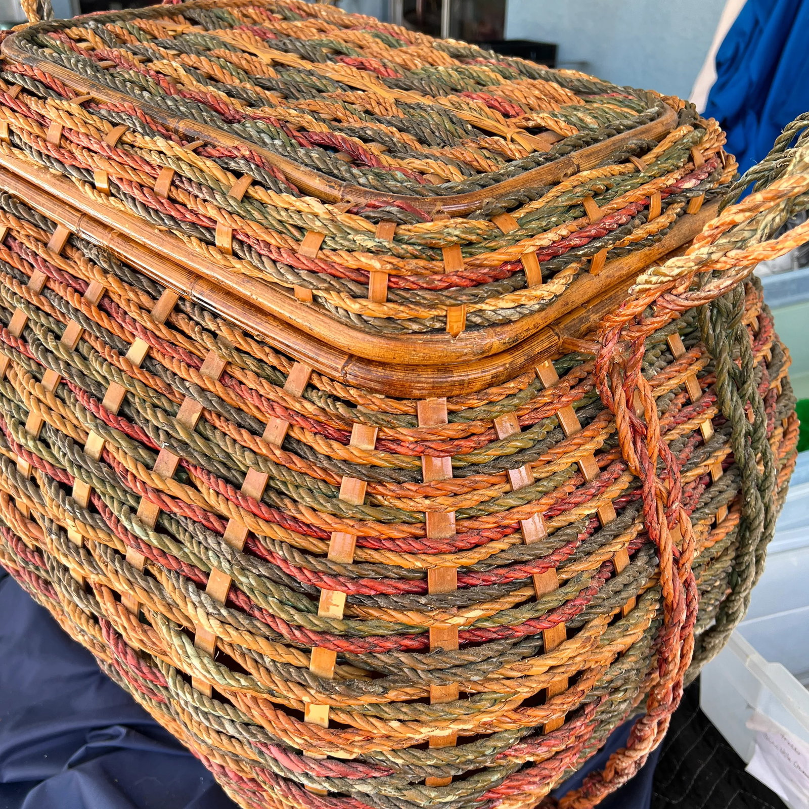 1970s Large Decorative Lidded Storage Basket With Colored Rope - 11