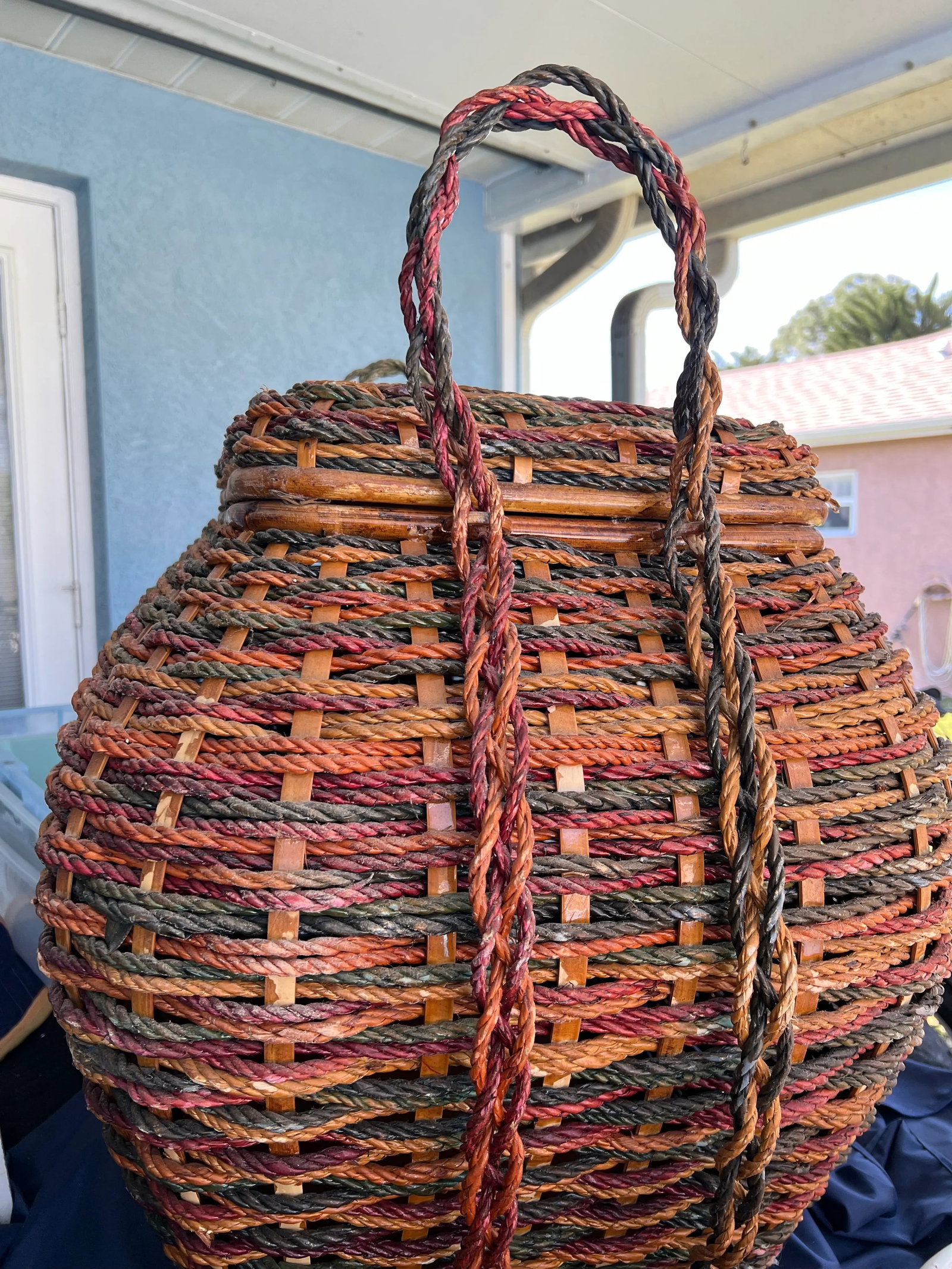 1970s Large Decorative Lidded Storage Basket With Colored Rope - 4