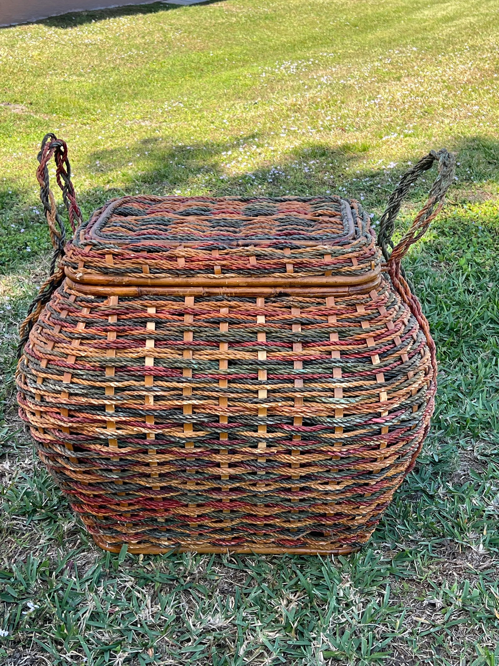 1970s Large Decorative Lidded Storage Basket With Colored Rope - 8