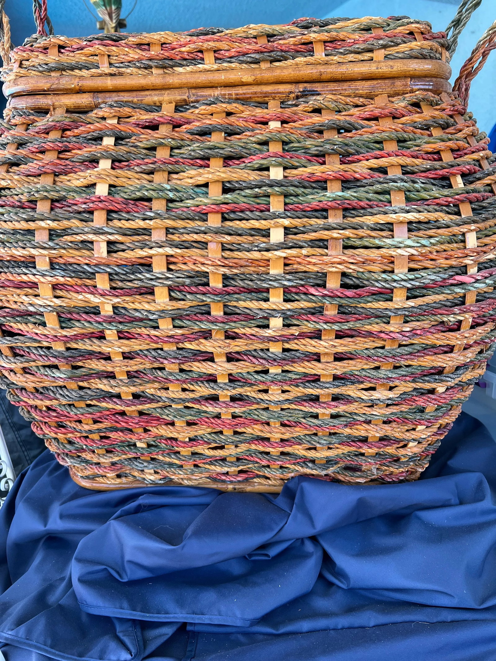 1970s Large Decorative Lidded Storage Basket With Colored Rope - 9