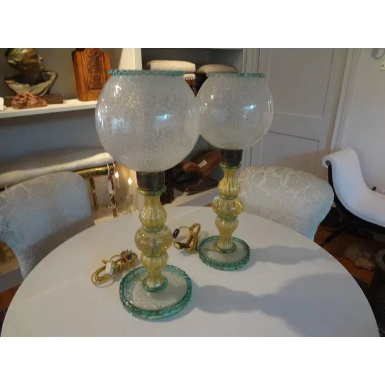 1940s Green and Gold Murano Glass Lamps by Barovier - a Pair - 2
