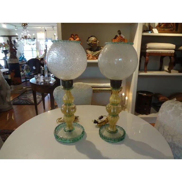1940s Green and Gold Murano Glass Lamps by Barovier - a Pair - 3