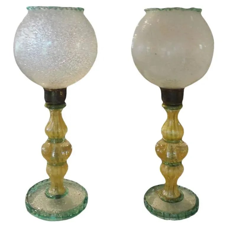 1940s Green and Gold Murano Glass Lamps by Barovier - a Pair - 8