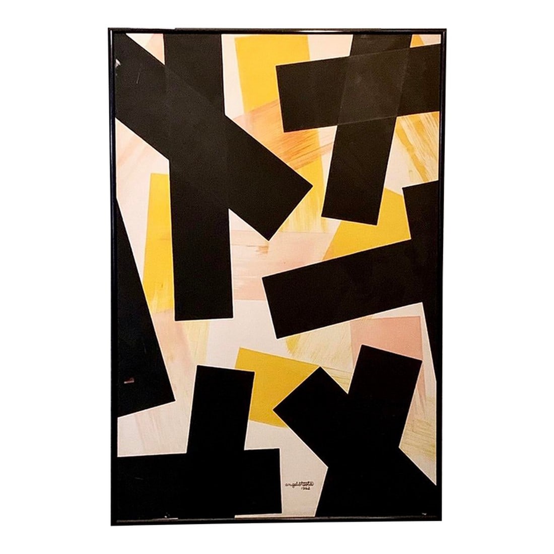 Angelo Testa Abstract Marigold and Black Hard-Edge Color Field Painting, 1962, Framed: A watercolor on board by Angelo Testa. Signed and dated (1962) Measures: 29Â½ H × 19Â½ W in. Angelo Testa was one of the foremost American textile designers of the mid-20th