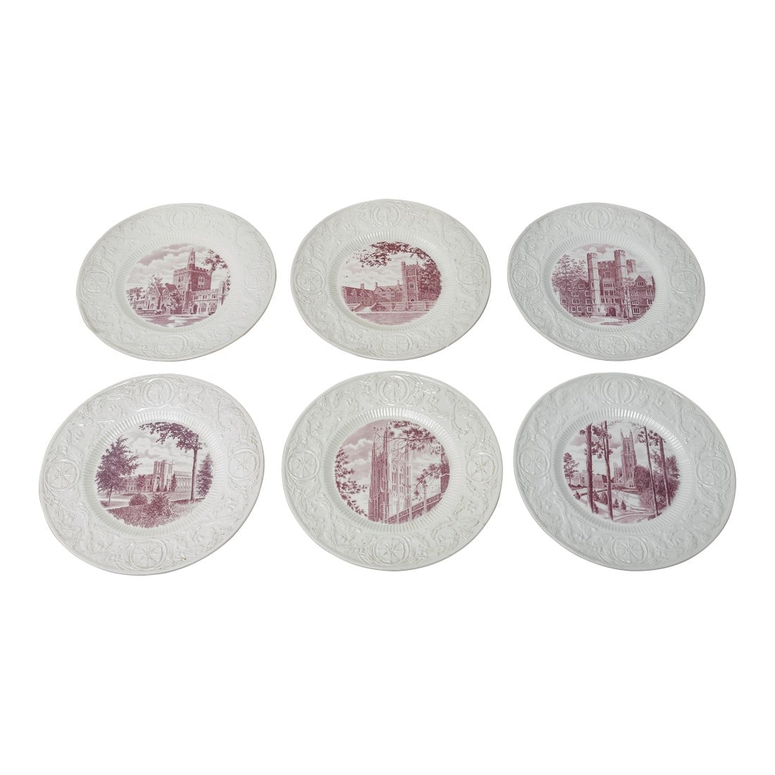 Duke University Wedgwood Dinner Plates, Set of 6: A set of 6 Wedgewood dinner plates depicting architectural scenes from the campus. 10 Â½ inches wide Condition: Alterations: Original Condition Unaltered Imperfections: Some Imperfections
