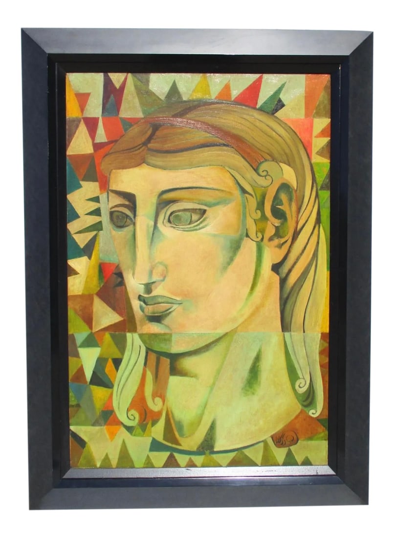 Leon Dusso Modernist Painting of Female Head: Dusso Painting (1918-1991), circa 1940-1950s Oil on board. Large cubist head. Leon D'usseau born in L. A. changed to DUSSO, studied under Archipenko and Gage at Chouinard Institute in Calif. signed