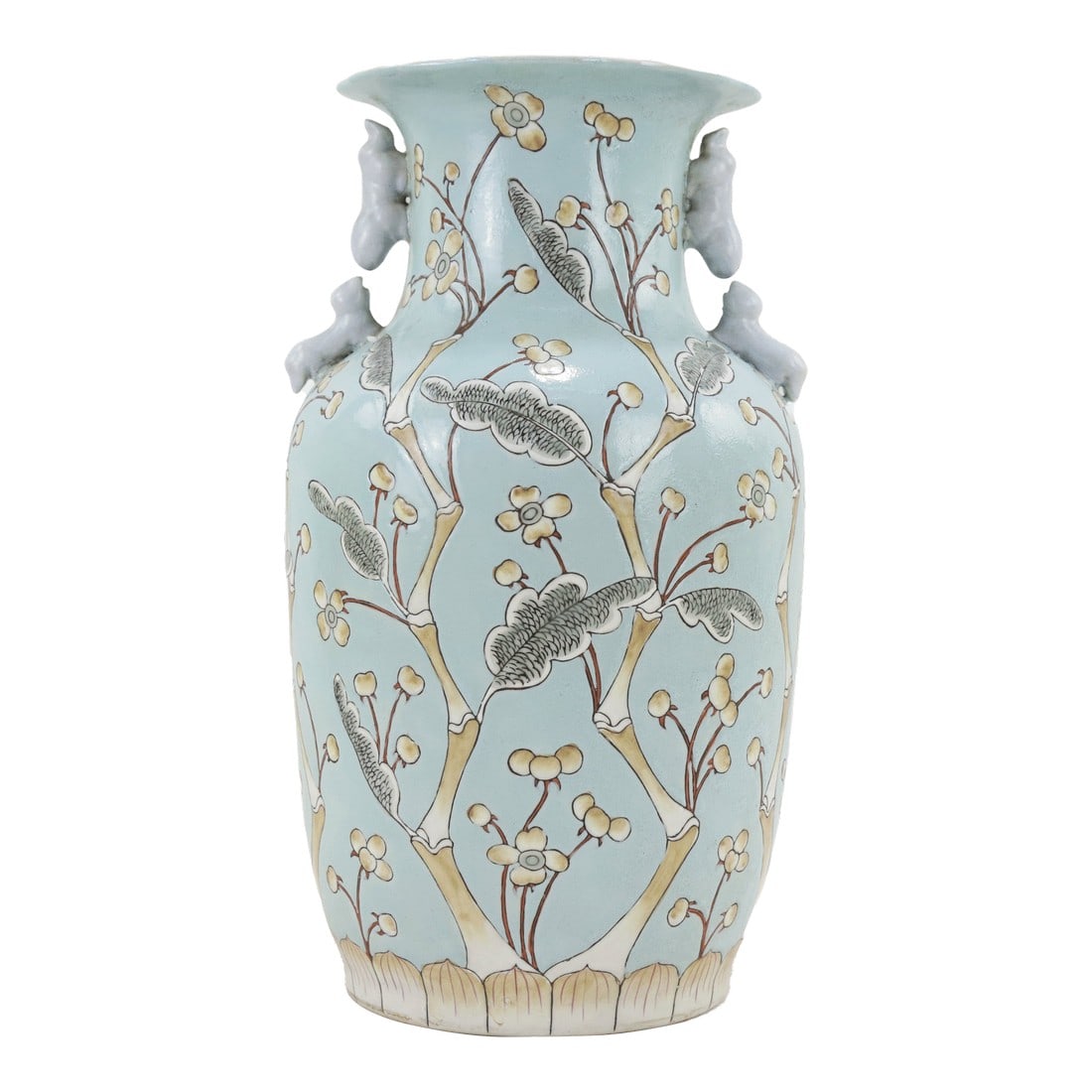 Chinese Porcelain Vase With Floral and Foliage Design: This chinese porcelain vase is adorned with an intricate floral and foliage design, enhanced by soft pastel hues and delicate relief details. The gracefully curved form and sculpted handles give it a