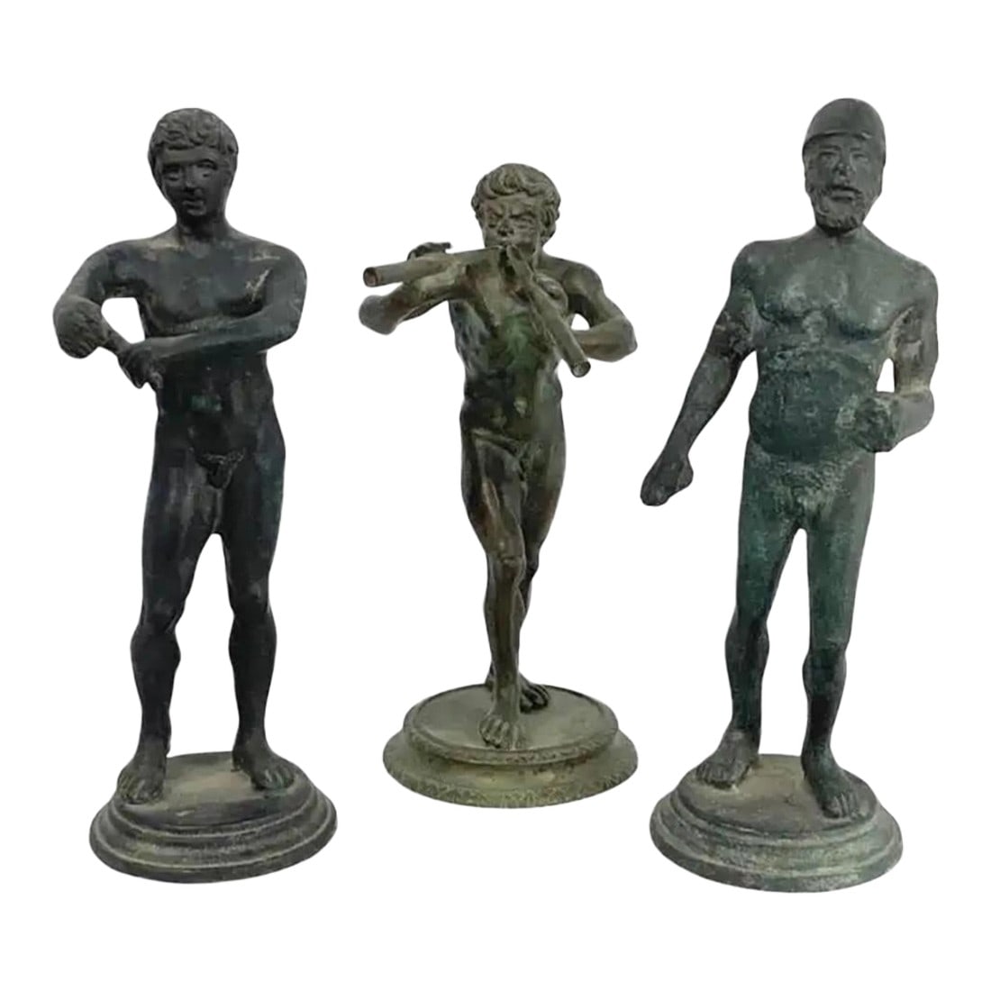 Italian Grand Tour Bronze Statues of Greco-Roman Males, Set of Three: Grand Tour Bronze statues of three nude males from mythology, all in various poses. These small statues range in height from 5.5" to 5.75" and in width 2 to 2.5". These would have been items