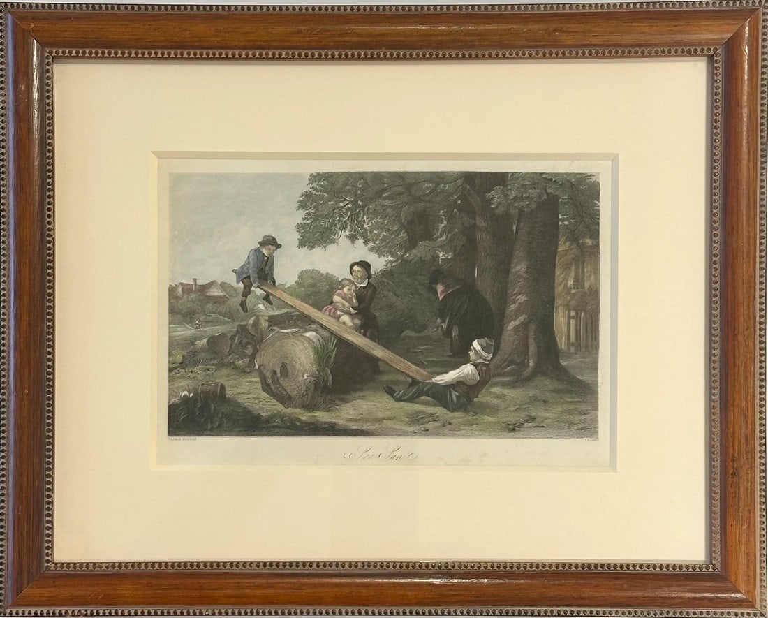 See Saw, Original Framed Engraving, C. 1850: Original steel engraving by F.E. Jones, circa 1850 after noteworthy painting by William Mulready. Mulready was an Irish genre painter living in London and was best known for his romanticizing
