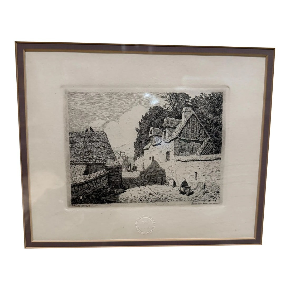 1886 Louvre Art Museum Etching Chalcographie Signed: AMBIANIC presents Louvre Art Museum Etching Chalcographie signed Neolle F 1886 left corner Rustic scenery countryside (Inscription right corner identifies it as Rue de bas a Roupa coin Deunti. possibl