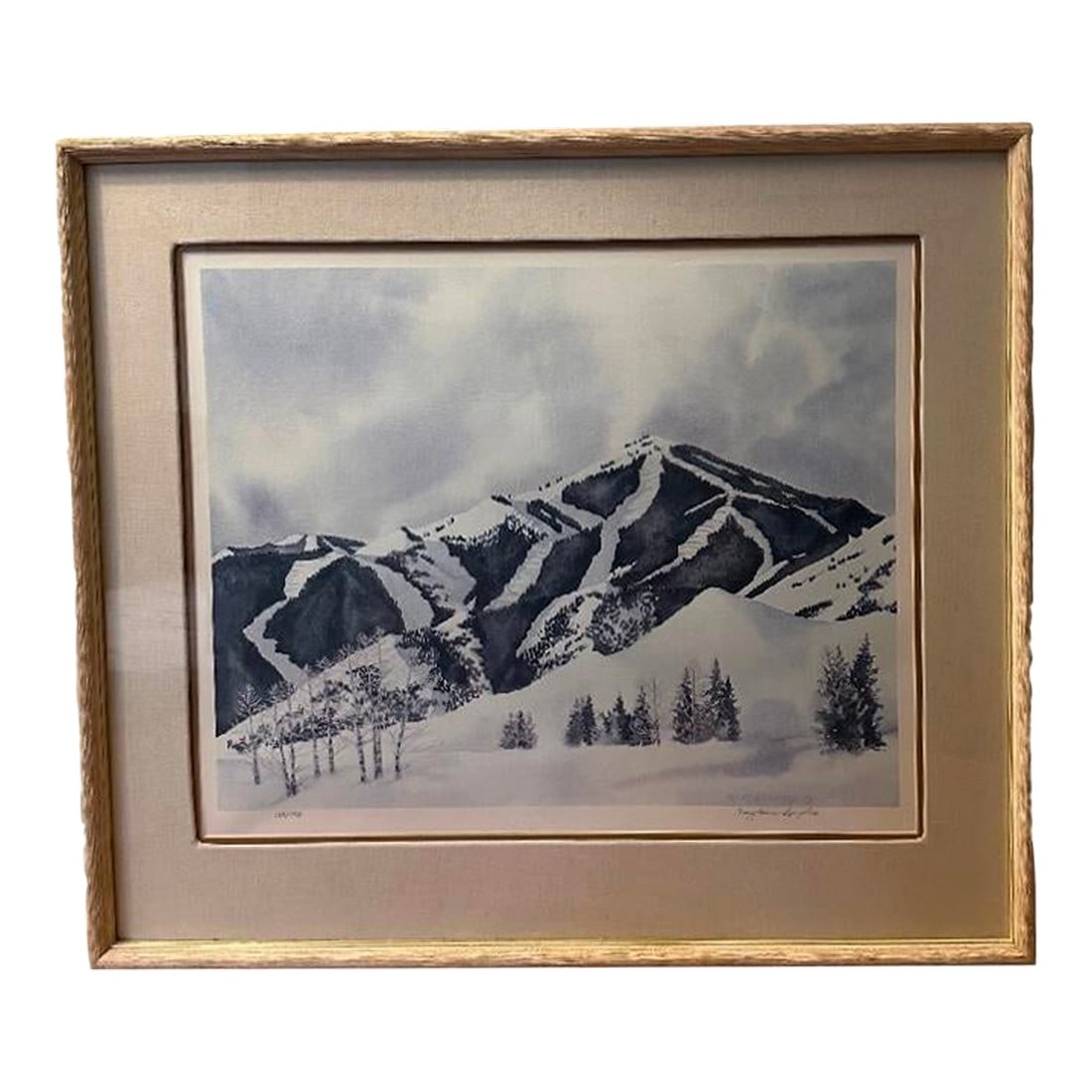 1981 Limited Edition Mountain Print by Marjolaine Renfro (Idaho Artist): This slightly abstracted mountainscape is by Idaho artist Marjolaine Renfro, The limited edition print is pencil signed, numbered 123/350 and dated "˜81. Vintage yet modern take on a traditional