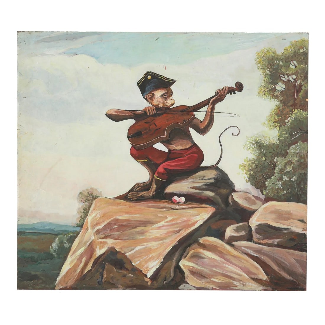 Vintage Hand-Painted Iron Painting – Monkey Playing Violin on Metal Panel: A whimsical and rare vintage hand-painted painting on a solid iron panel, featuring a monkey dressed in a military-style hat playing a violin. This charming and folk art-inspired piece is a perfect